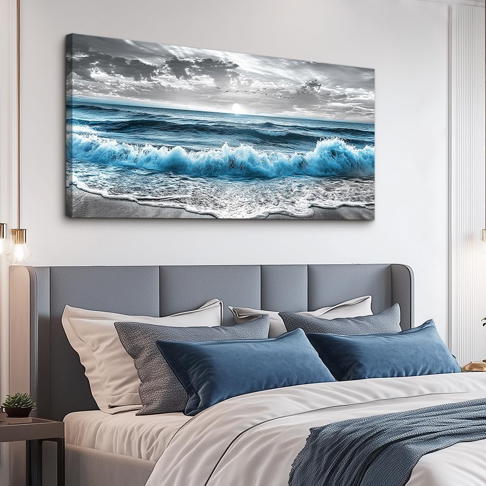 ZUITINGHUA Large Wall Decor For Living Room Canvas Wall Art For Office Modern Wall Decorations For Bedroom Sea Wave Landscape Painting Black And White Pictures Artwork Room Home Decor 24x48 In