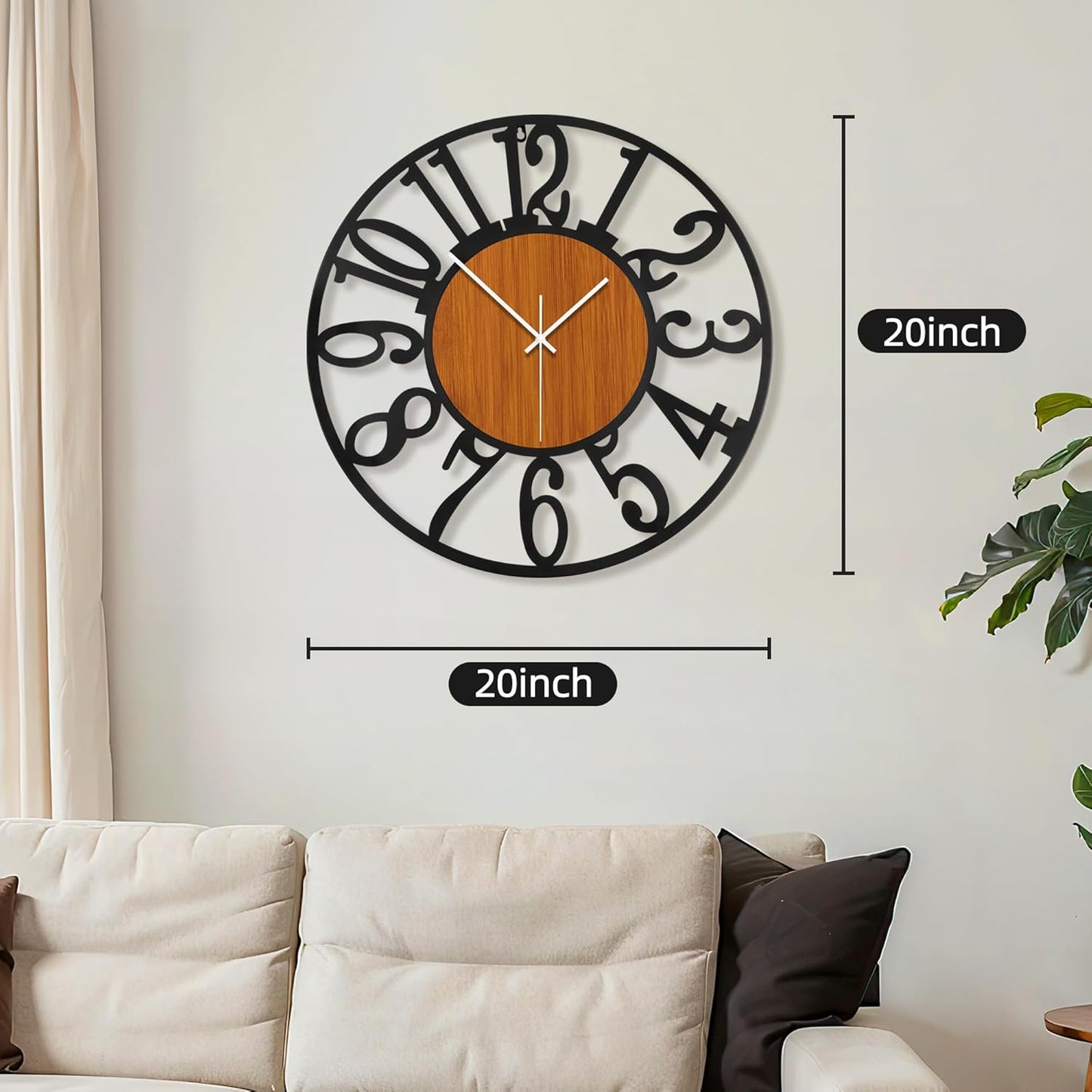 Maxstar Round Wall Clock for Living Room Decor Battery Operated Non Ticking Black Metal Wood Clocks for Home Living Room Garden Office Kitchen Decoration -20 inch