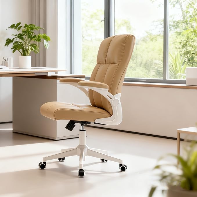 Ergonomic Home Office Desk Chair with Space Saving Flip-Up Arms, 360° Swivel & Reclining Back, High-Back Executive Chair in Soft Faux Leather Chair Multi-Angle from 90° to 135°
