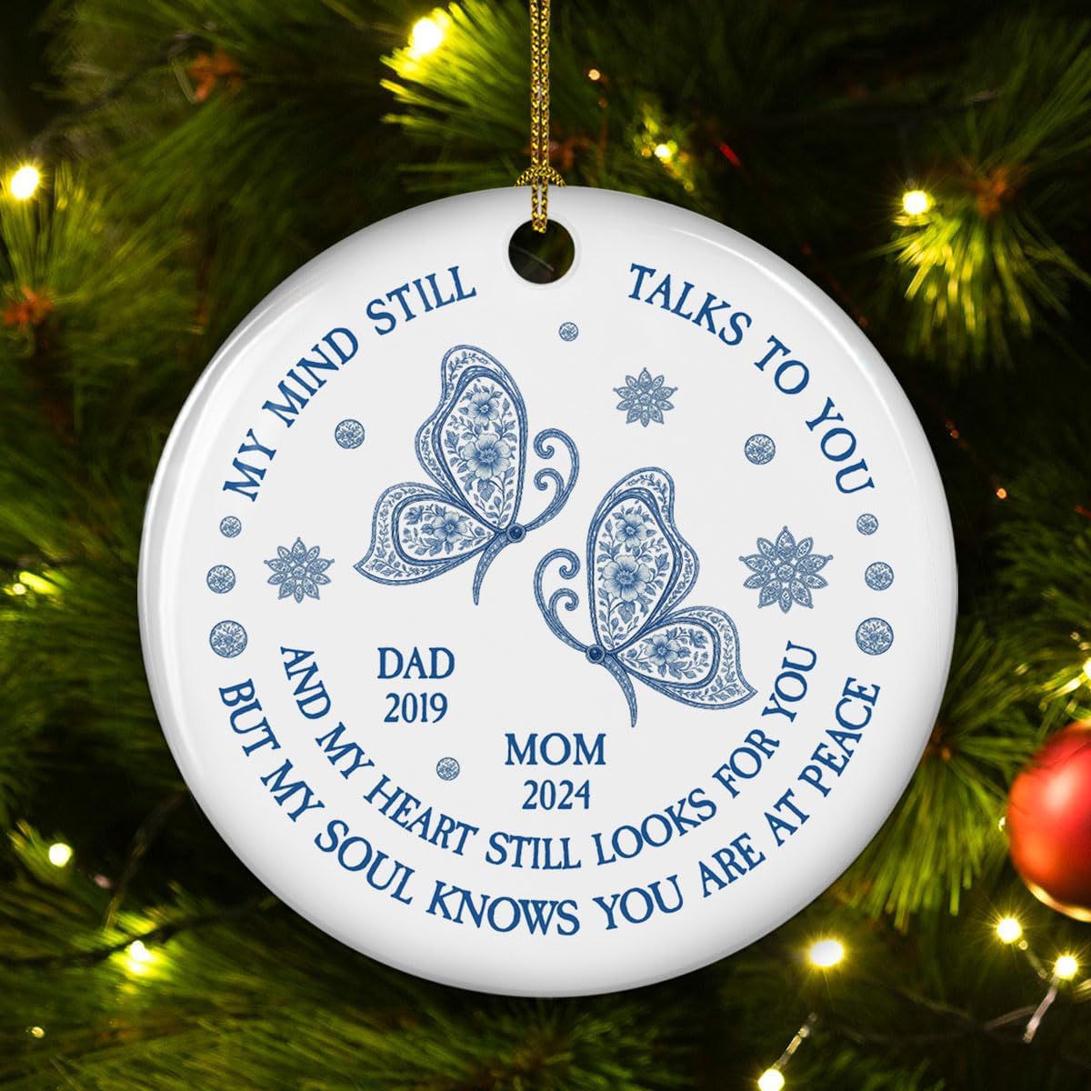 Personalized Memorial Christmas Ornament Toile De Jouy Style - My Mind Still Talks to You, Custom Name Remembrance Ceramic Ornament for Loss of Loved Ones, Sympathy Gifts for Deceased