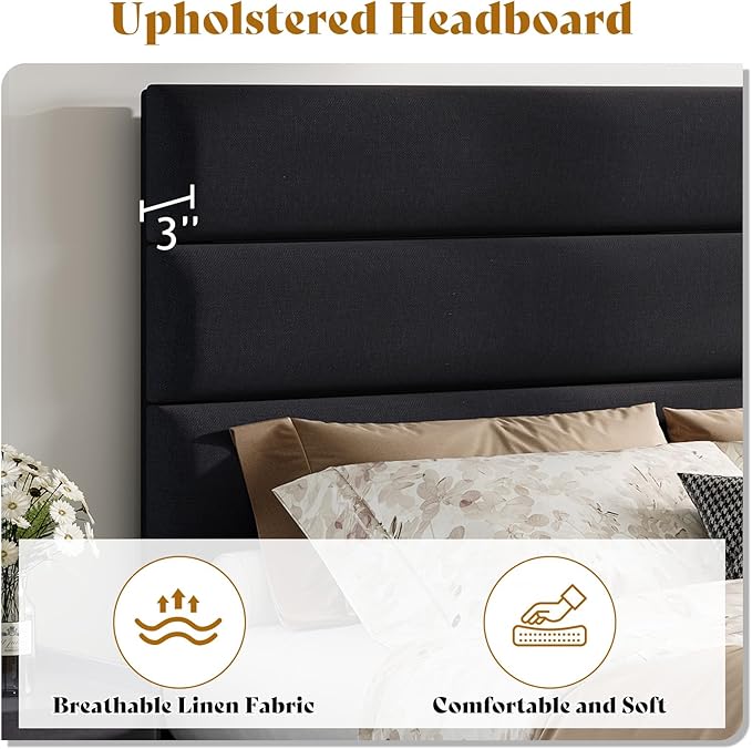 AMERLIFE Full Size Bed Frame with Linen Upholstered Headboard, Modern Platform Bed with Wooden Slats Support, Noise-Free, No Box Spring Needed, Easy Assembly, Black