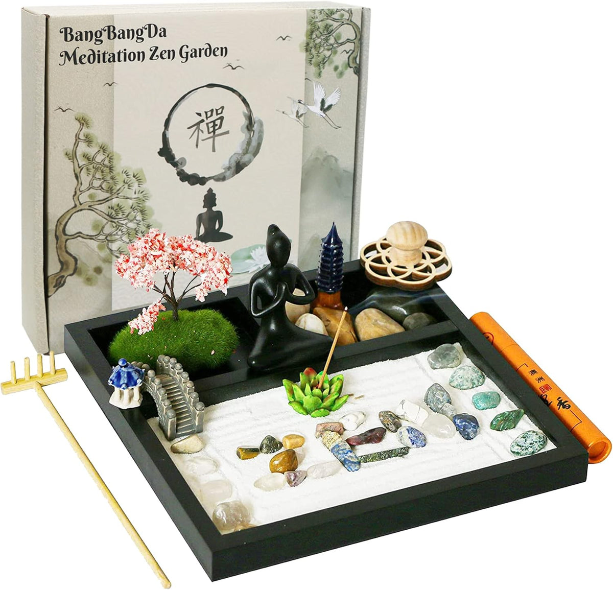 Desktop Meditation Yoga Garden Kit with Japanese Tabletop Rock Sand Chakra Shrine Altar, Home Office Desk Zen Decor, Gifts for Women & Men, Birthday, Includes Rake Tool & Accessories
