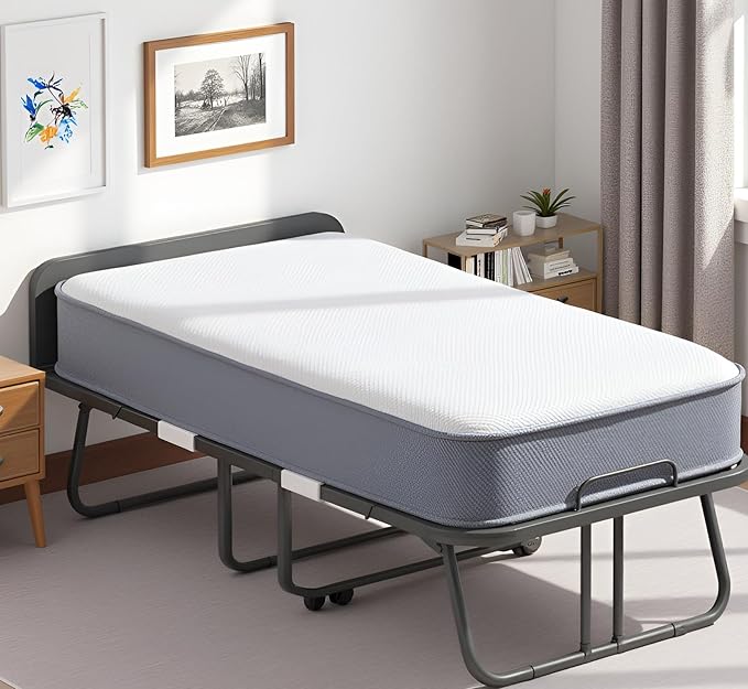 Mjkone Folding Bed with Mattress, Rollaway Bed for Adults with Headborad & Dustproof Bag, 5 Inch Portable Fold Up Bed for Guests with Casters, Foldable Frame, Space Saving for Bedroom（75" x 46"）