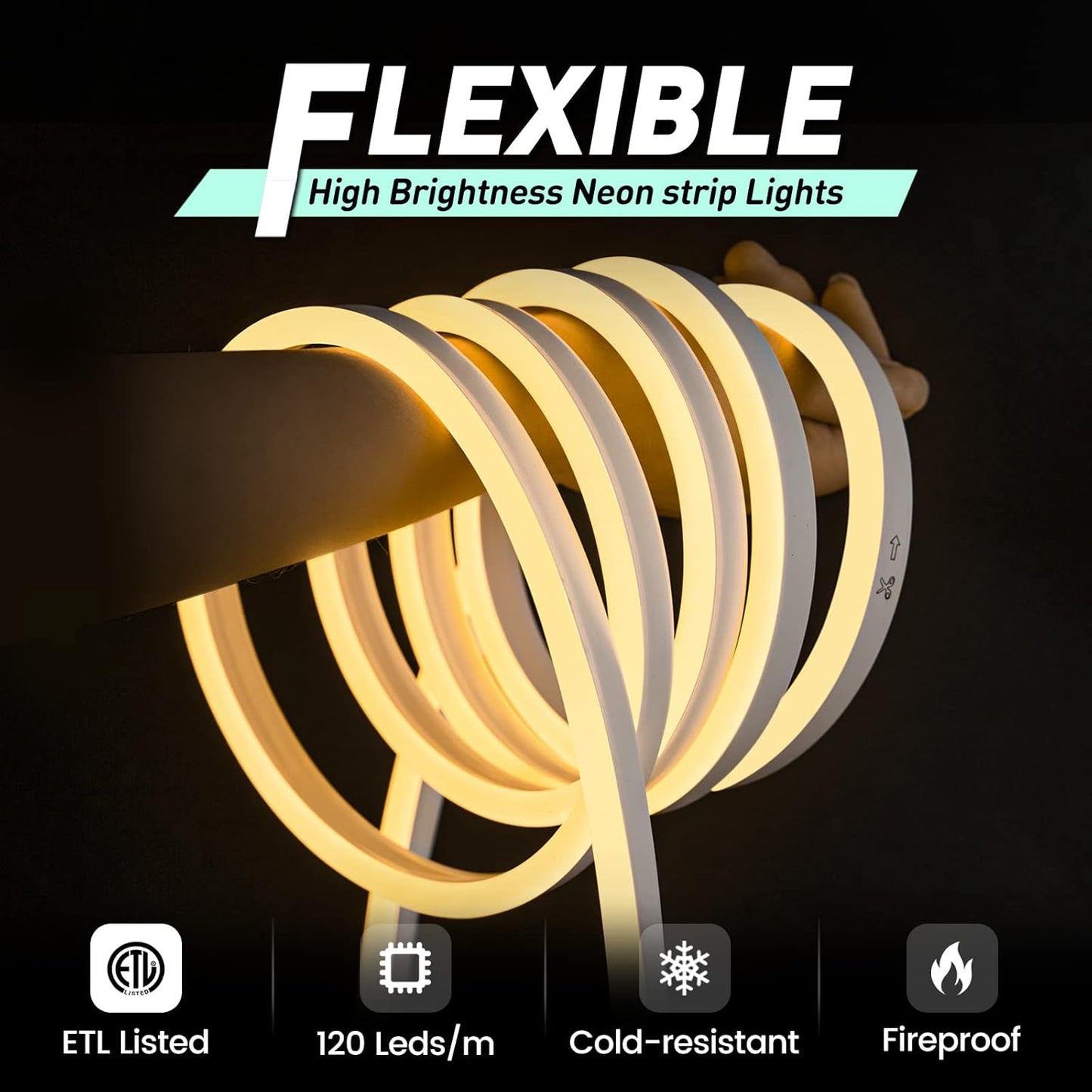 GZBtech Flexible LED Neon Rope Lights 33FT,AC 110-120V Waterproof Strip Light, 120 LEDs/M Cuttable Connectable Neon Lighting for Indoor Outdoor Home Decor/Commercial Building Use-Warm White 10M