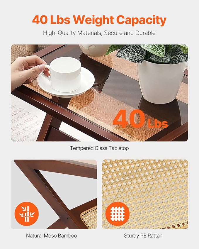 VEVOR End Table, Z-Shaped Rattan Woven Bamboo Coffee Table with Tempered Glass Top, 20” Modern Boho Storage Coffee Table with Natural Bamboo Legs, for Living Room, Bedroom & Small Spaces