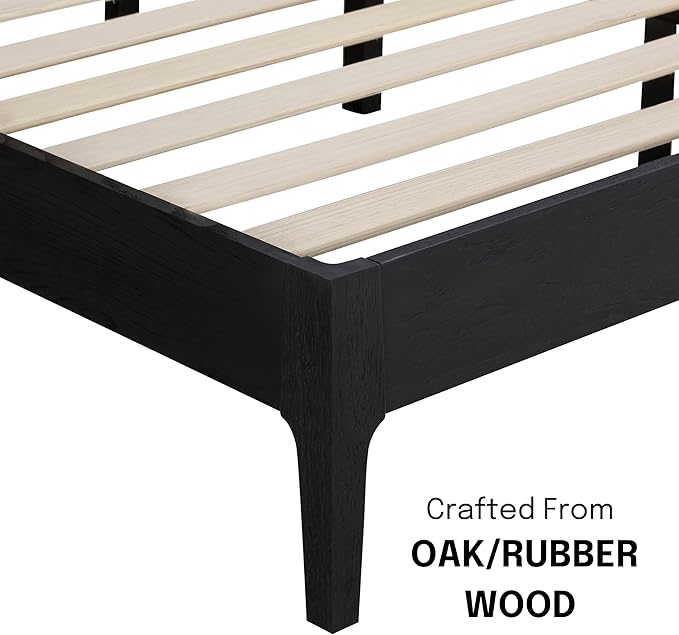 NTC Ruby Wooden Bed Frame with Headboard and Natural Rattan, Solid Oak Foundation with Silent Slats, 1000 Lb Capacity, Effortless Assembly, Queen - Burnt Black