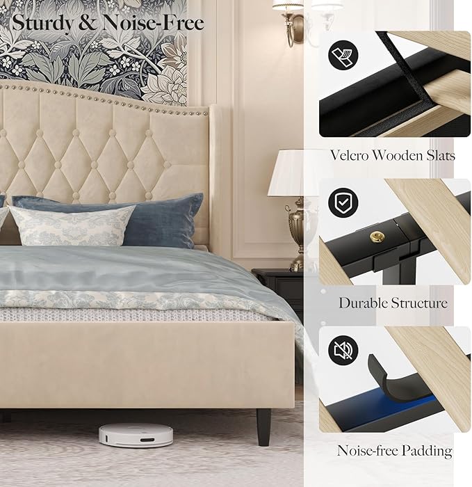 Belffin Queen Bed Frame with Headboard, Luxury Upholstered Velvet Platform Bed with Wingback, Button Tufted & Nailhead Trim, Anti-Slide Tall Footboard, No Box Spring Needed, Noise-Free, Beige
