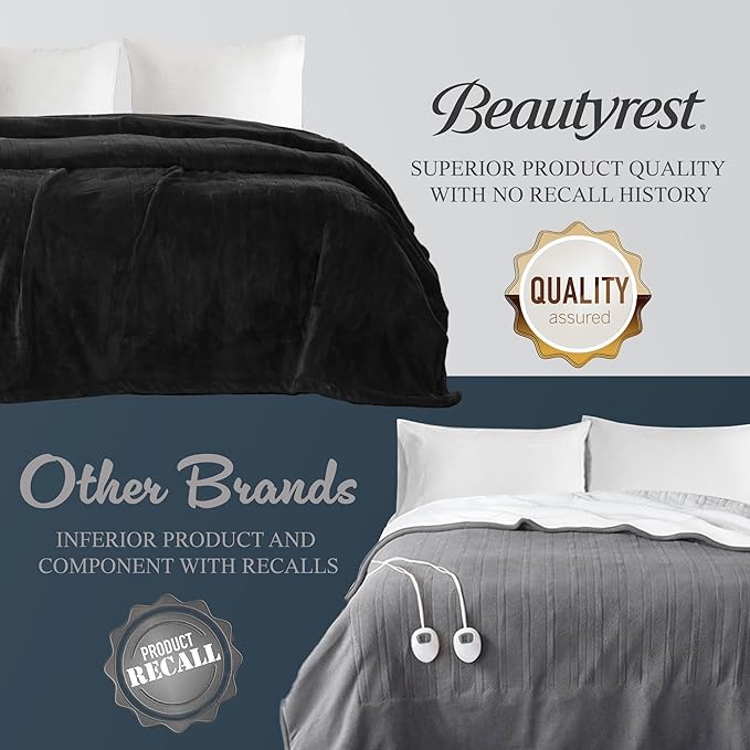 Beautyrest Heated Electric Blanket for Cold Weather, Fast Heating Heated Blanket, Auto Shut Off, Virtually Zero EMF, Multi Heat Setting, UL Certified, Black Queen (90 inx84 in)