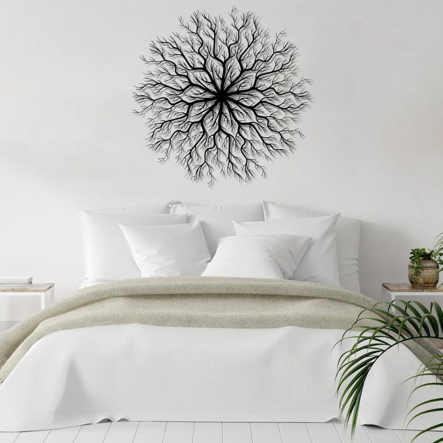 Tree of Life Metal Wall Art, Metal Tree Wall Art, Large Round Sculpture, Round Branch Wall Decor, Large Branch Artwork, Nature Sign, Wall Decor for Living Room, Housewarming Gift (White, 24"x24"|60x60cm)