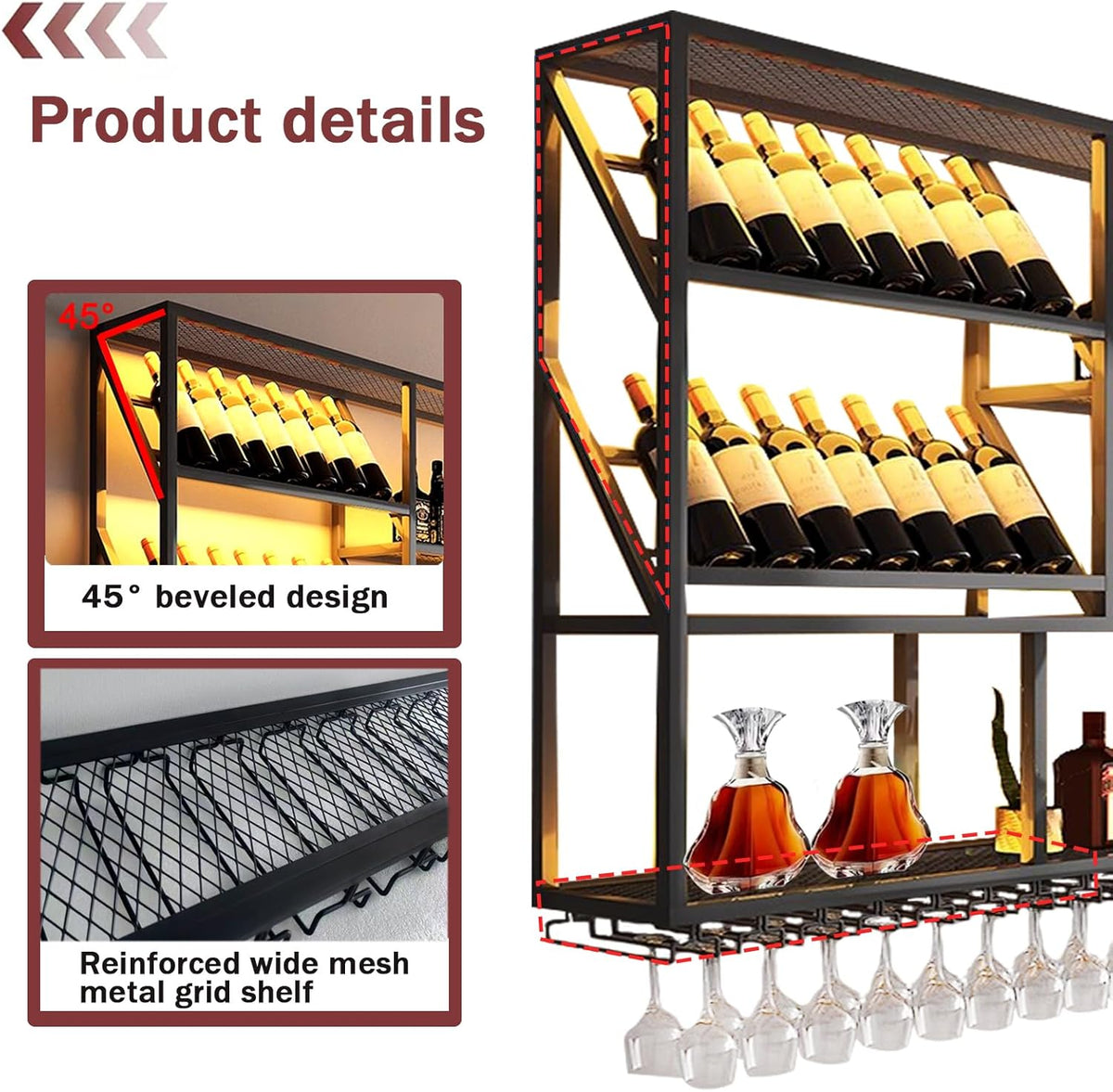 78.7Inch Wall Mounted Wine Rack, 3 Tiers Large Bar Shelves with 21 Glass Holder, Metal Wine Bottle Display Shelf, Modern Iron Liquor Shelf, for Kitchen Dining, Home Bar, Cellar (78.7" W)