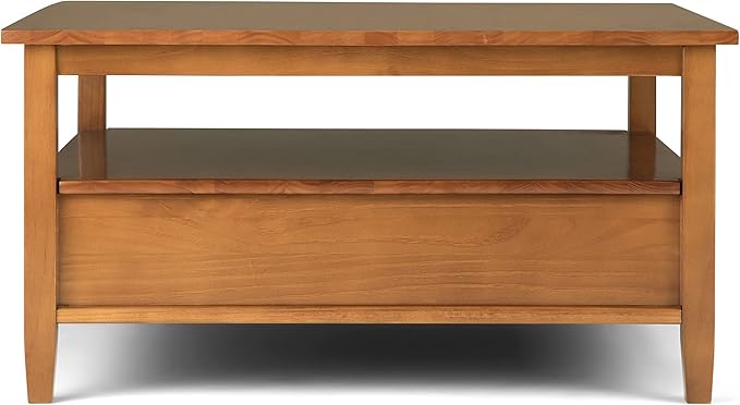 SIMPLIHOME Warm Shaker Square Coffee Table - 36 inch Wide Solid Wood Cocktail Table in Light Golden Brown, Transitional Living Room Table with Large Storage Drawer and Open Shelf for Sitting Area
