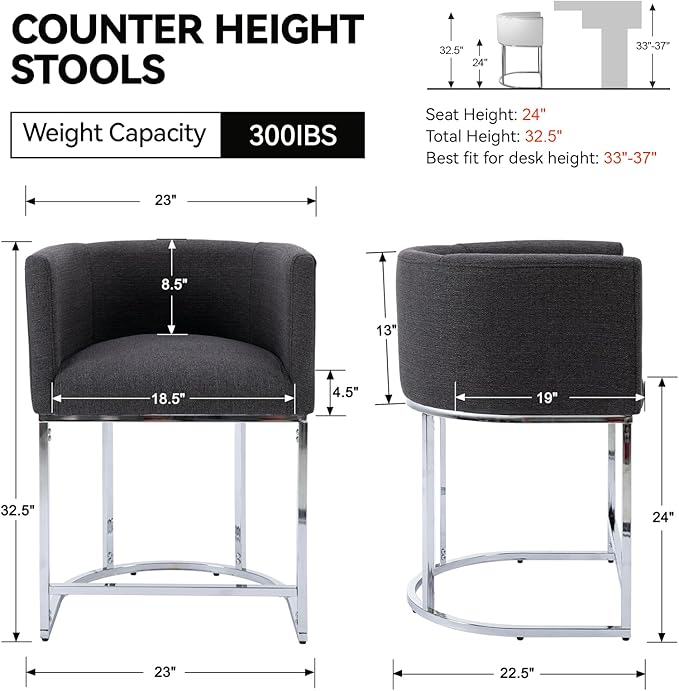 Contemporary Charcoal Linen Bar Stools Set of 3, 24" Upholstered Fabric Counter Height Barstools Kitchen Counter Island Stools with Screwed Together Chrome Finish Base