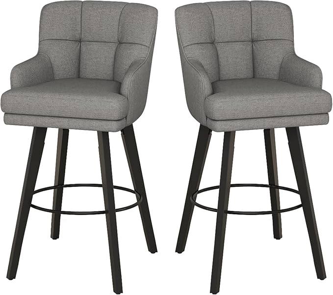 360°Swivel Counter Height Bar Stools with Back, 30 inch Solid Wood Legs, Bar Stool Modern Kitchen Island Chairs, Fabric (Mid-Grey- Fabric, 30" H- Set of 2)