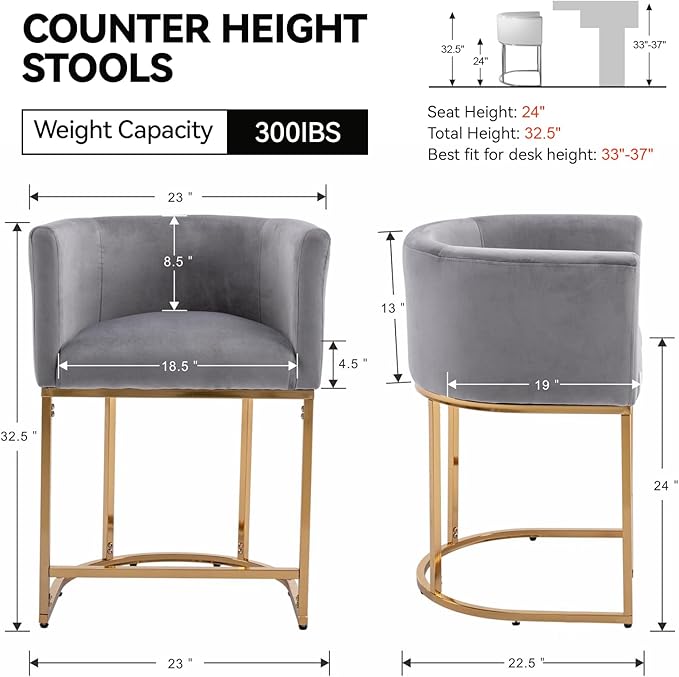 Contemporary Grey Velvet Bar Stool, 24" Upholstered Fabric Counter Height Barstool Kitchen Counter Island Stool with Screwed Together Golden Metal Base