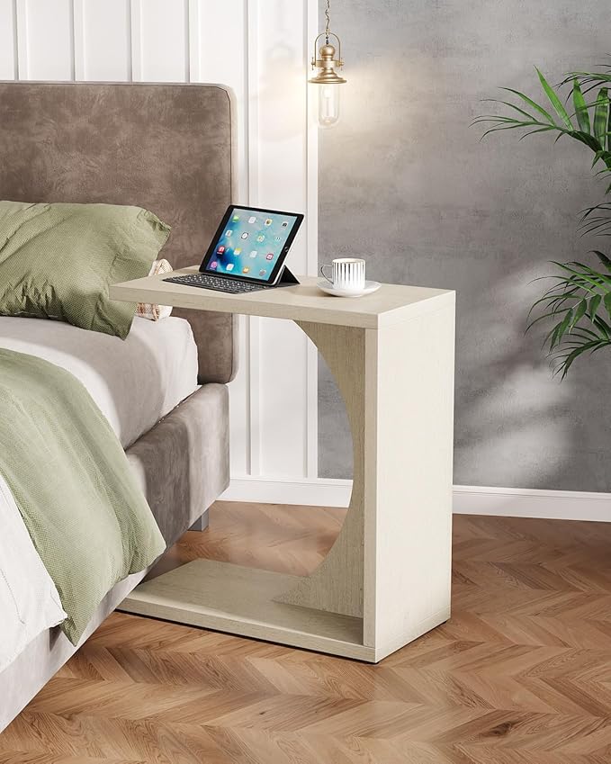 Tribesigns C-Shaped End Table for Couch, Sofa Side Table, C Table for Small Space, Living Room, Bedroom (1, Beige)