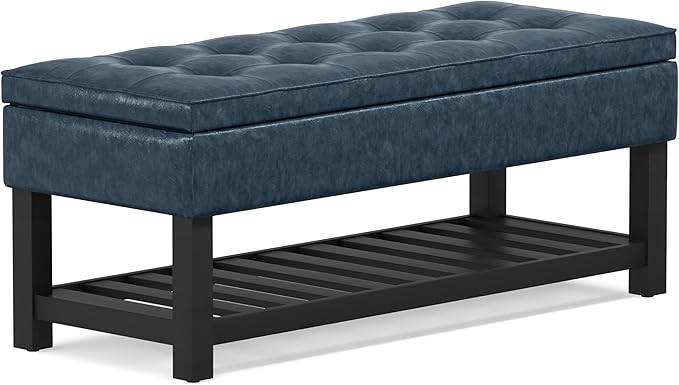 SIMPLIHOME Cosmopolitan Storage Ottoman Bench - 44 inch Wide Upholstered Vegan Leather Rectangle Storage Ottoman in Denim Blue, Transitional Bench for Bedroom with Tufted Lift-Top and Open Shelf