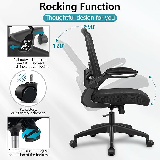FelixKing Office Chair, Ergonomic Desk Chair Breathable Mesh Chairs Adjustable High Back Lumbar Support Flip-up Armrests, Executive Rolling Swivel Comfy Computer Chairs Home Office Black