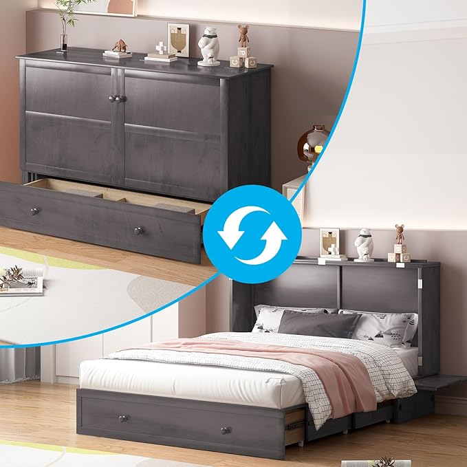Mjkone Queen Murphy Bed Cabinet, Cabinet Bed with Built-in Charging Station, Storage Drawer, Solid Wood Cabinets Bed with Tri-fold Mattress, Cube Murphy Chest Beds for Guest Room, Home, Office, Grey