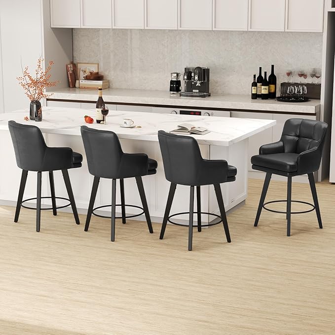 360°Swivel Counter Height Bar Stools with Back, 26 inch Solid Wood Legs, Bar Stool Modern Kitchen Island Chairs, Faux Leather (Black- Faux Leather, 26" H- Set of 3)