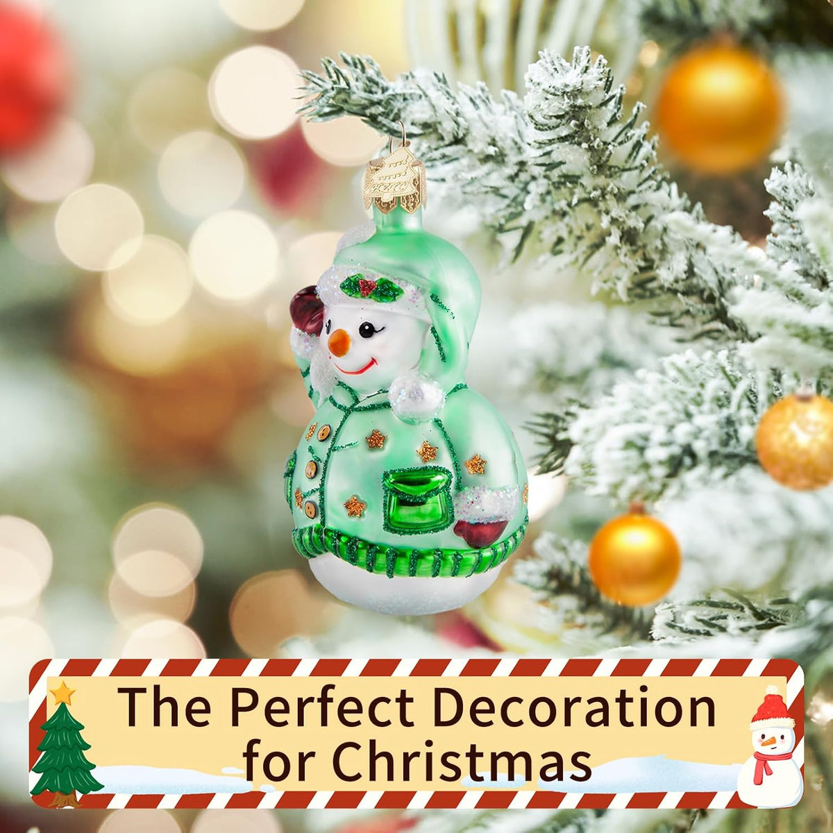 Snowman Christmas Ornaments,Glass Blown Ornaments for Christmas Tree,Green Snowman Collection Figurine Hanging Ornaments,Christmas Decorations for Xmas Tree Holiday Party Daily Gifts