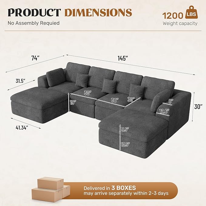 144" Cloud Sectional Couches for Living Room, Convertible U-Shape Couch with Ottoman, 6 Seater Modular Sectional Sofa,DarkGary Chenille
