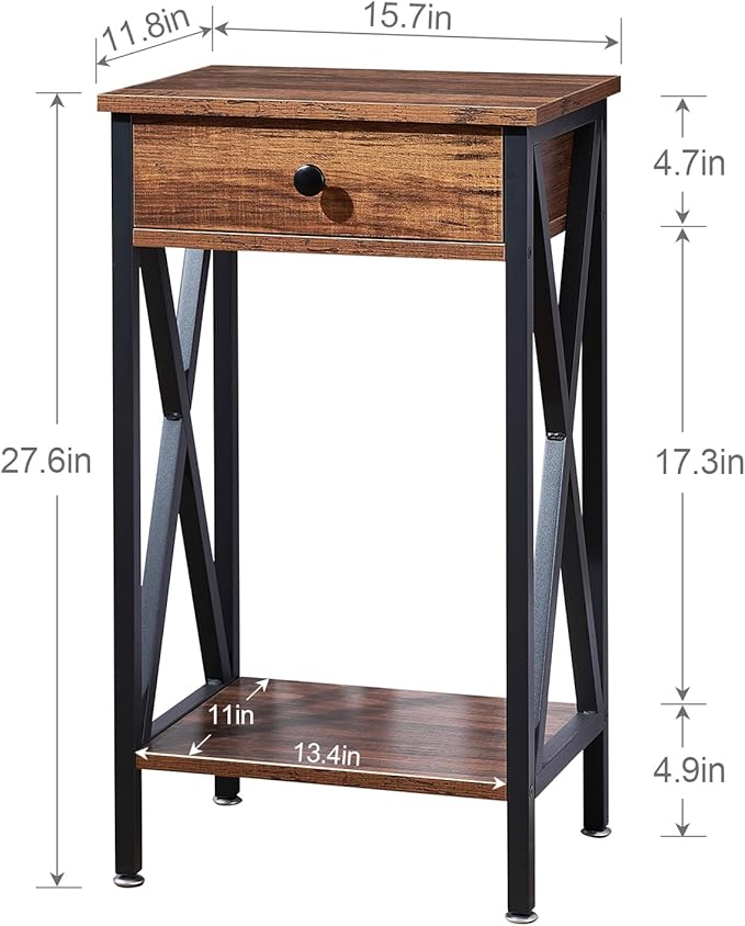 VECELO Tall Nightstand Set of 2,27.6 inch Wooden End Table with Metal X-Frame,Side Table with Drawer and Storage Shelf for Living Room Bedroom Entryway Small Spaces