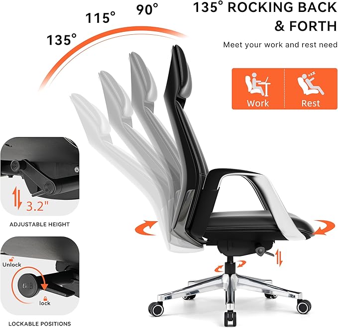 EUREKA ERGONOMIC Serene Executive Office Chair Genuine Leather Office Chair, Modern Executive Chair 135° Back Support Comfy Desk Chair with Arms & Aluminum Base for Home-Black