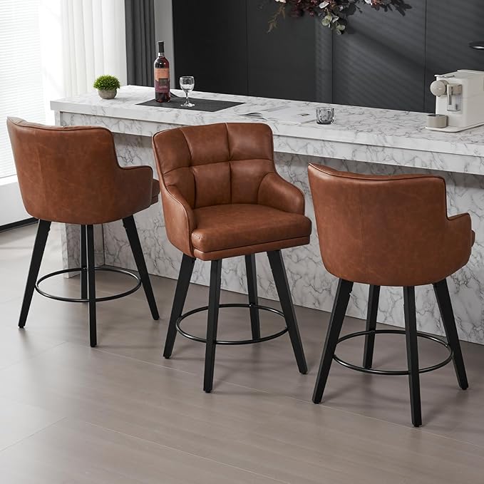 360°Swivel Counter Height Bar Stools with Back, 26 inch Solid Wood Legs, Bar Stool Modern Kitchen Island Chairs, Faux Leather (Brown- Faux Leather, 26" H- Set of 3)