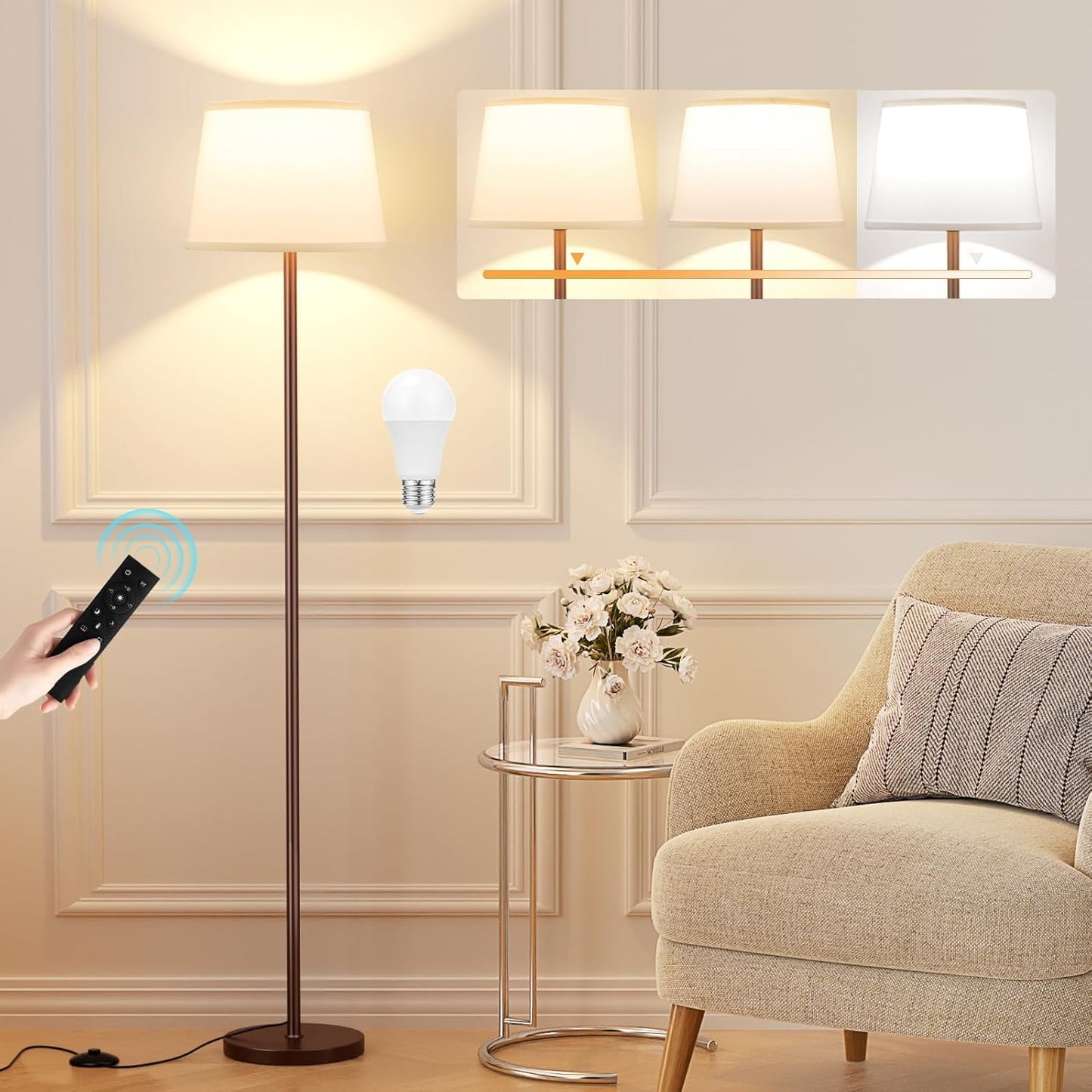 【Upgraded Floor Lamps for Living Room, Modern Floor Lamp with Remote Control, Dimmable Colors Temperature Standing Lamp Foot Switch, 9W Bulb Tall Lamps for Bedroom Office Kid Room - Brown
