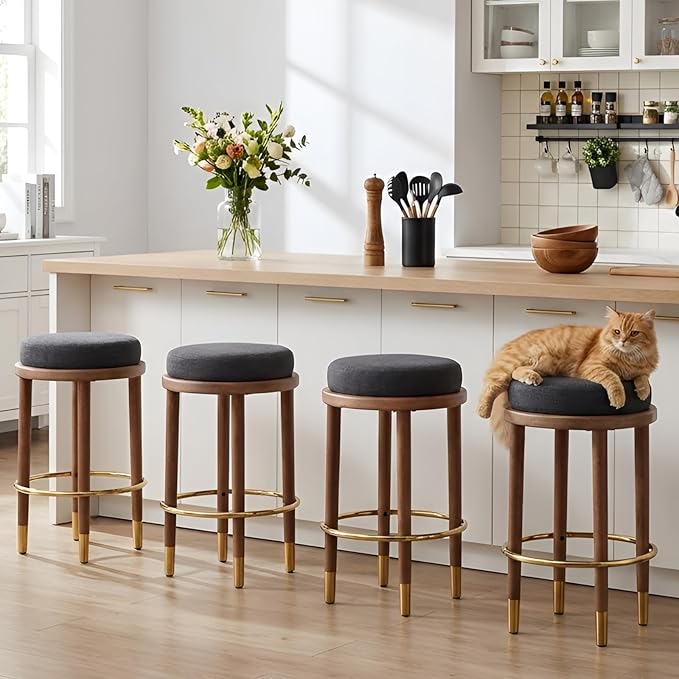 26’’ Rustic Backless Bar Stools with Hardwood Legs, Counter Height Stools Set of 4, Round Kitchen Barstools for Kitchen Island, Farmhouse Charcoal Linen Upholstered Wooden Stools with Footrest