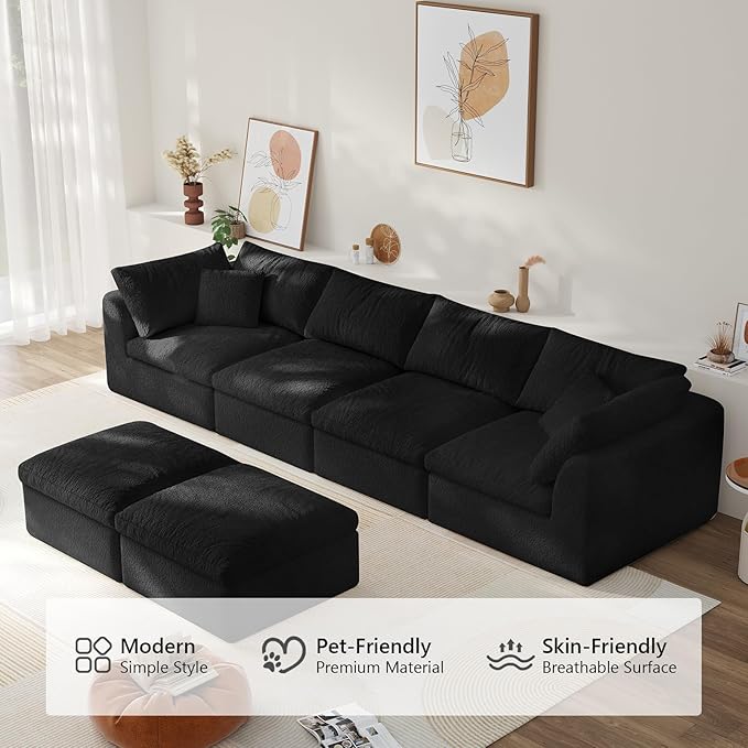 138" Boneless Cloud Couch Modular Sectional Sofa with Deep Seat for Living Room, L Shape Couch with Ottoman, Snowflake Cloth and 40D Memory Sponge，2 Throw Pillows (Black, 4 Seater+2 Ottoman)