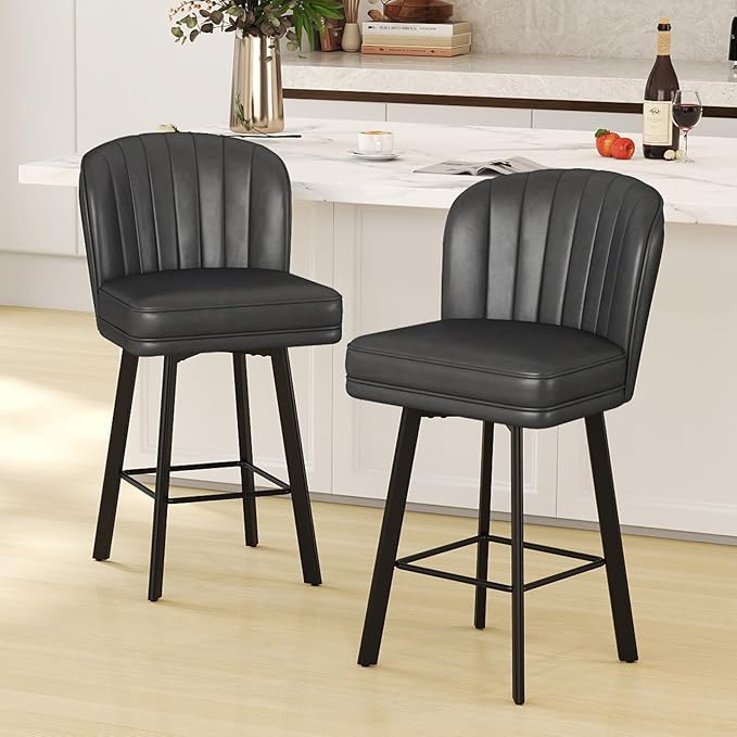Swivel Counter Height Bar Stools Set of 3, 26'' Modern Barstools with Backs and Metal Legs, Upholstered Bar Chairs, Faux Leather Black Stools for Kitchen Island Chairs