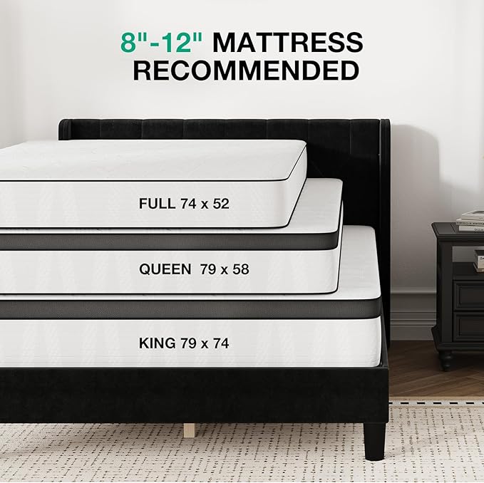 Novilla Full Size Bed Frame, Full Bed Frame with Headboard, Velvet Upholstered Pull-Point Wing Side Headboard, No Box Spring Needed, Heavy Duty Feet, Easy Assembly, Black Velvet