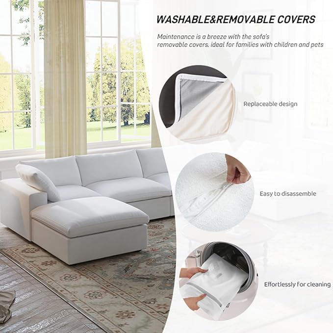 WJShome 118.02" Cloud Couch,Modular Sectional Sofa with 2 Storage Ottomans, U Shaped Down Filled Convertible Couch for Living Room Sets,Sofa Cover Washable & Replaceable(White)