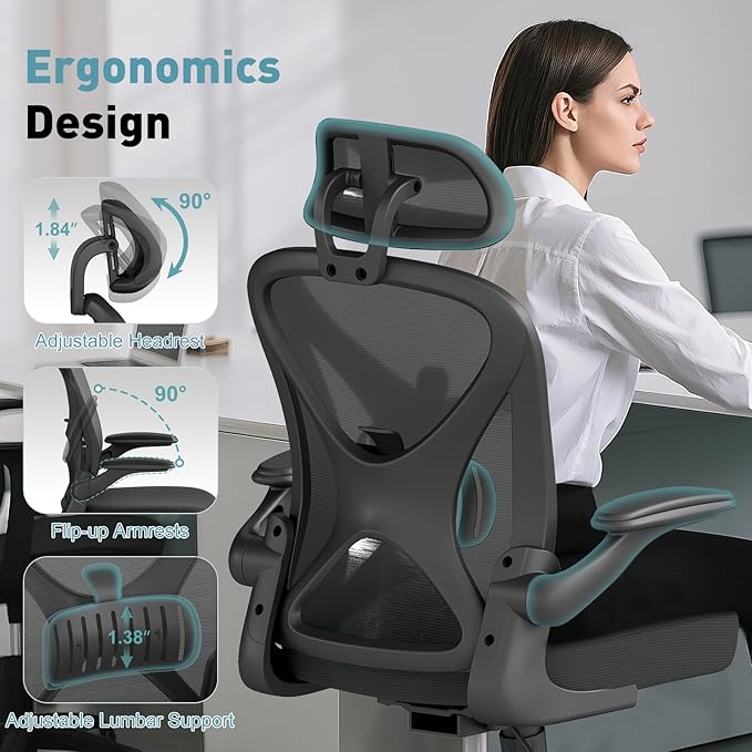 ZZH Ergonomic Office Chair Set of 8 with Adjustable Lumbar Support and Headrest, Mesh Home Office Desk Chair with Wheels and Flip-up Arms, Black