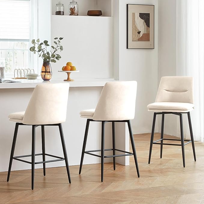 Beige Counter Height Bar Stools Set of 3, 26 Inch Seat Height with Back and Metal Legs, 360° Swivel Upholstered Faux Leather Swivel Bar Stools