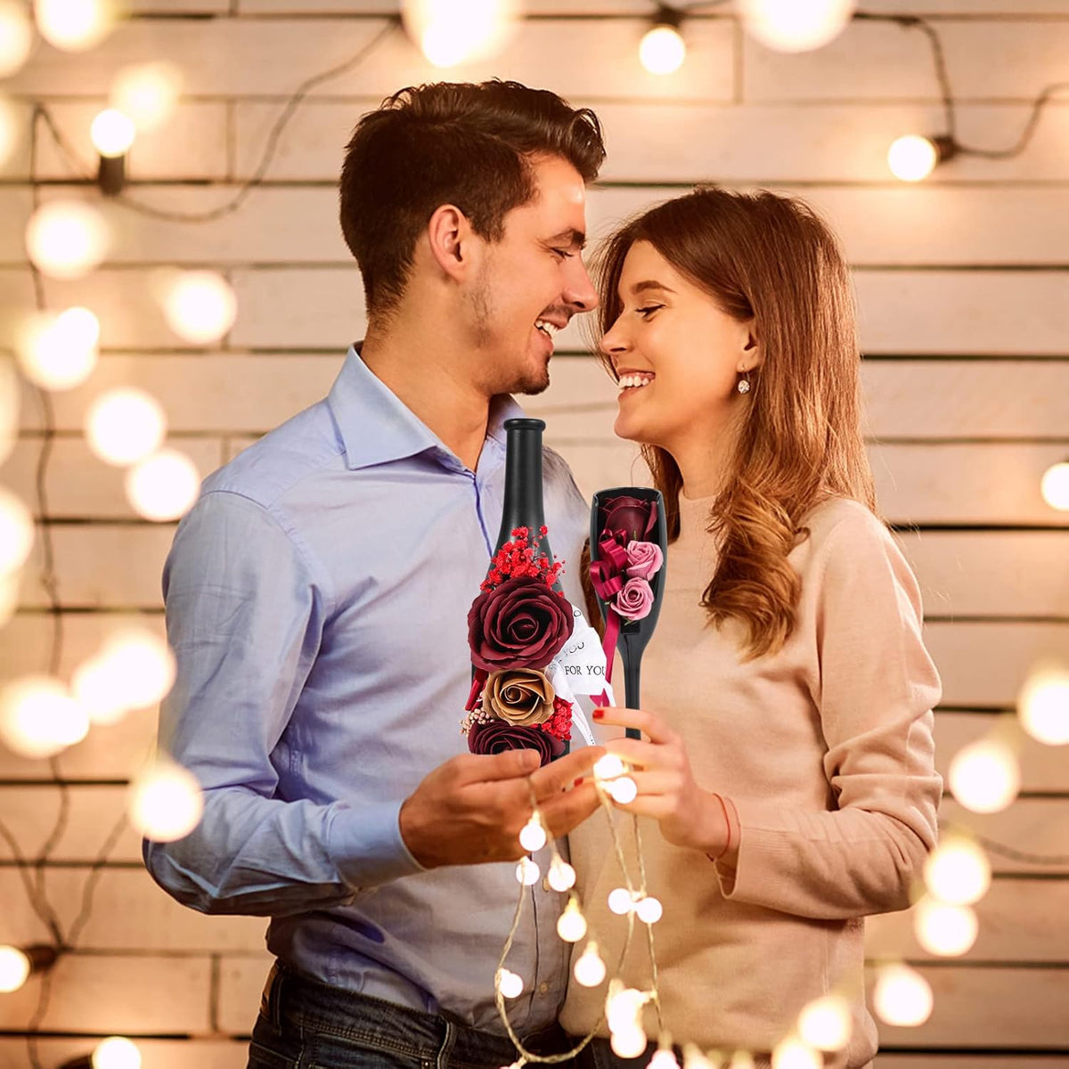 Valentines Day Gift Red Rose Fake Flowers Wine Bottle Vase Rose Glass Artificial Flowers for Home Table Decor Office Decoration Preserved Rose Flowers For Her Womens Valentines Decoration Set of 2