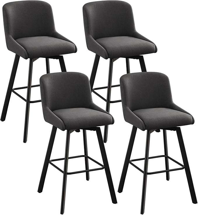 Swivel Counter Height Bar Stools Set of 4, 29''H Upholstered Barstools with Backs, Modern Bar Stool Chairs for Kitchen Island, Metal Legs, Fabric, Black Grey Stools Counter Chair