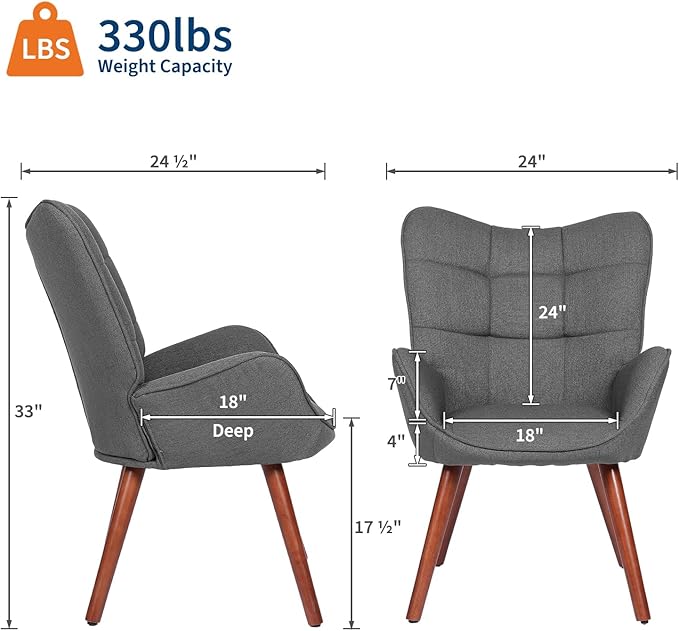 Modern Dining Room Chairs, Mid Century Upholstered Kitchen Chairs with Back Support and Solid Wood Legs, Accent Dinner Chair for Kitchen, Dining Room, Living Room, Restaurant, Dark Grey