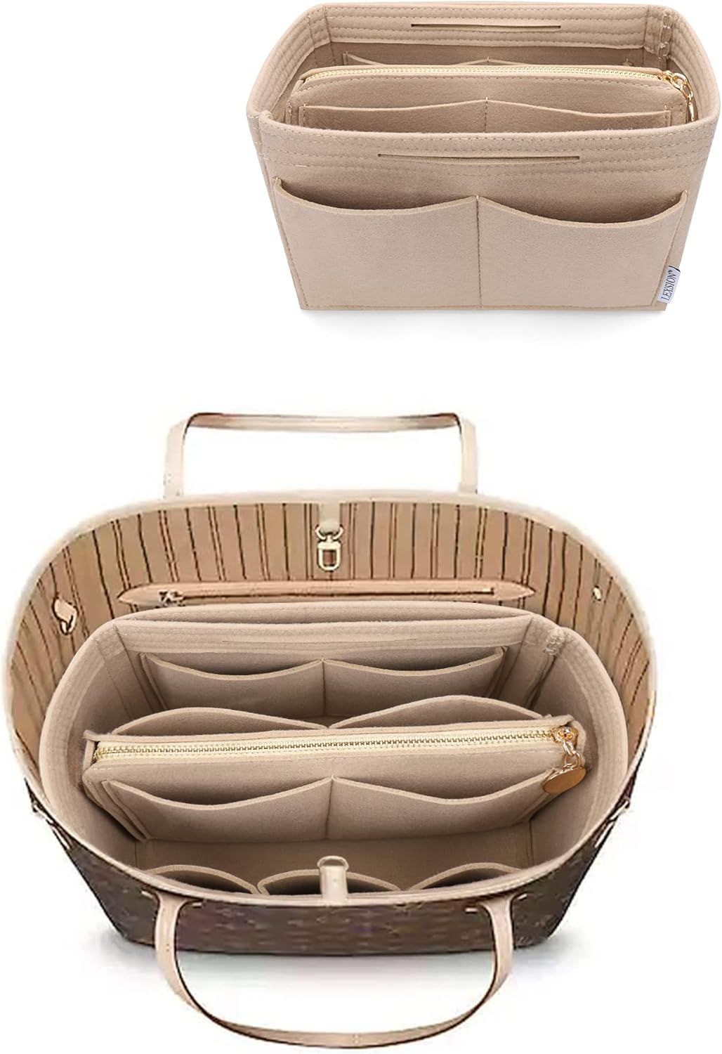 LEXSION Felt Purse Bag Organizer Insert with zipper Bag Tote Shaper Fit Speedy Neverful PM MM