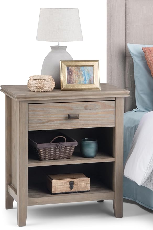 SIMPLIHOME Artisan Bedside Table - 24 inch Wide Solid Wood Nightstand Table in Distressed Grey, Contemporary Bedroom Side or End Table with 1 Drawer, Open Shelf Storage and Bronze Knobs