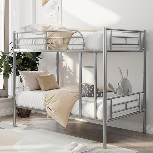 Merax Twin Over Twin Metal Bunk Bed with Ladder and high Guardrail, Able to Split, Storage Space, No Box Spring Needed, Noise Free,Silver