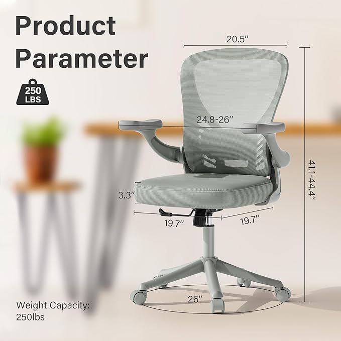 Computer Desk Chair with Wheels, Mesh Office Chair with Flip Up Arms, Adjustable Lumbar Support, Swivel Desk Chair Comfy, All Grey