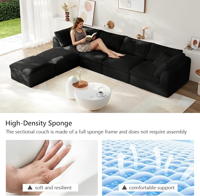 138" Boneless Cloud Couch Modular Sectional Sofa with Deep Seat for Living Room, L Shape Couch with Ottoman, Snowflake Cloth and 40D Memory Sponge，2 Throw Pillows (Black, 4 Seater+2 Ottoman)