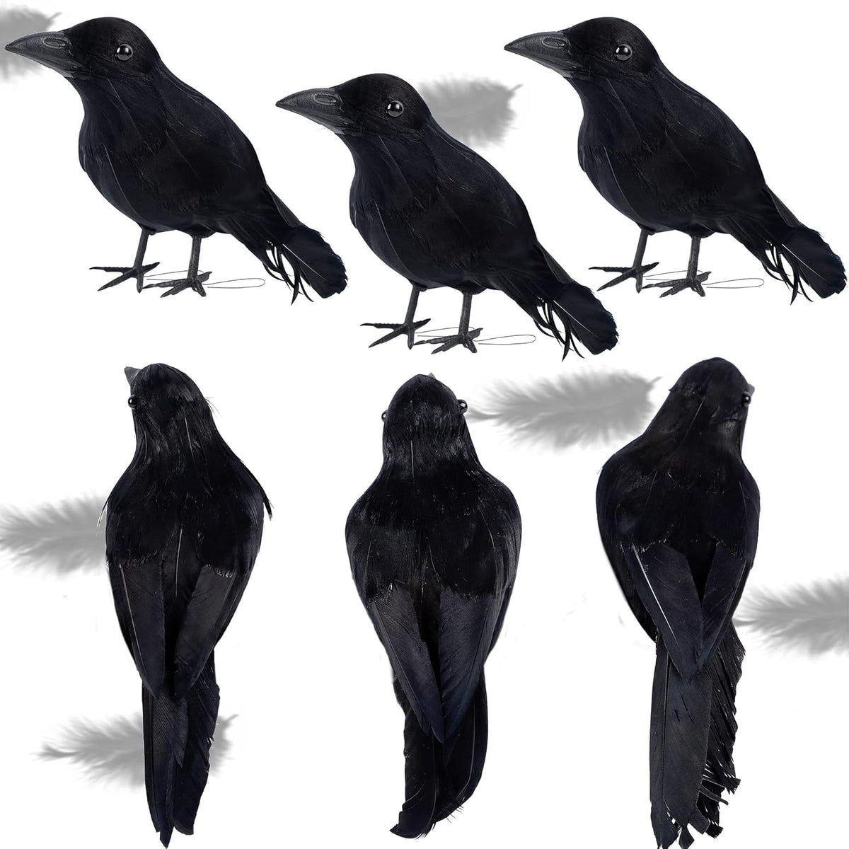 ATDAWN 6 Pack Halloween Black Feathered Crows, Realistic Halloween Birds Decoration for Spooky Decor