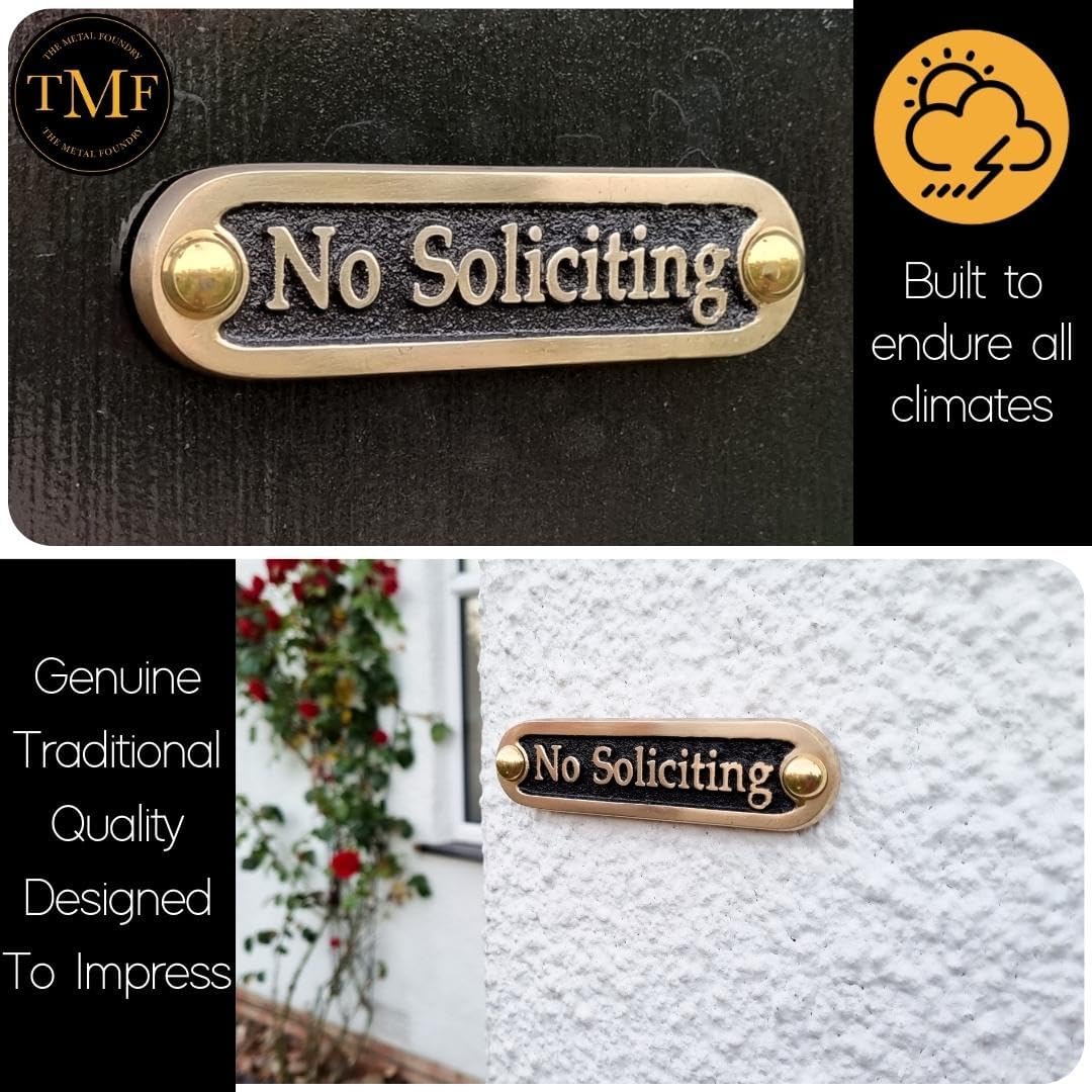 No Soliciting Brass Door Sign. Traditional Style Home Décor Wall Plaque Handmade By The Metal Foundry UK.