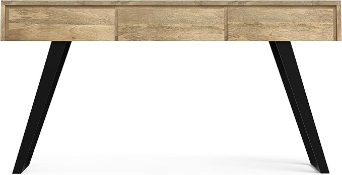 SIMPLIHOME Lowry Console Table - 60 Inch Wide Solid Mango Wood and Metal Sofa Table in Natural, Modern Industrial Storage Table for Entryway or Living Room with 3 Drawers and Angled Metal Legs