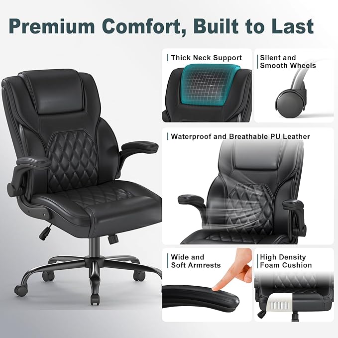 AnyGod Executive Office Chair, Comfy Ergonomic Computer Desk Chairs with Flip-up Armrests, Lumbar Support, High Back, 360° Swivel and Rocking Function for Home Office