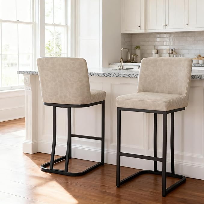 MAISON ARTS Counter Height Bar Stools with Back Set of 3 for Kitchen Counter, 24 Inch Modern Upholstered Faux Leather Barstools Farmhouse Bar Chairs Luxury Island Stools Support 330LBS, Light Grey