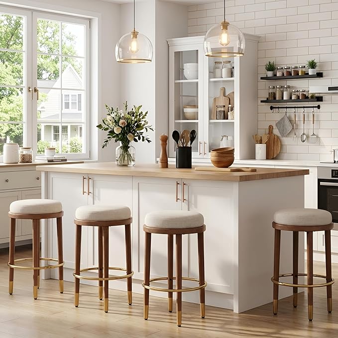 26’’ Rustic Backless Bar Stools with Metal Gold Footrest Counter Height Barstools Set of 2 Modern Round Farmhouse Beige Linen Upholstered Wooden Stools with Natural Solid Wood Legs for Kitchen Island